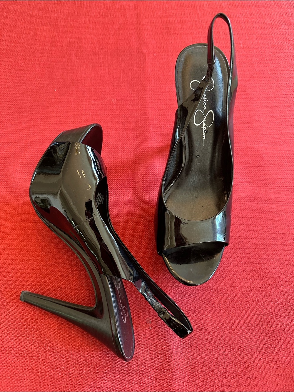 Jessica Simpson Black Patent Leather Peep Toe Slingback Platform Heels 7.5
